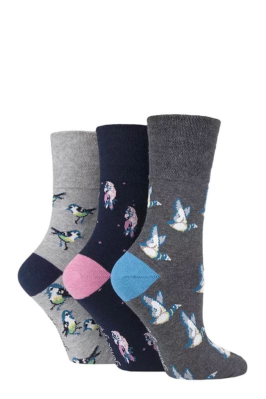 Women's 3 Pair Gentle Grip Fun Feet Socks Love Birds 4-8 Ladies