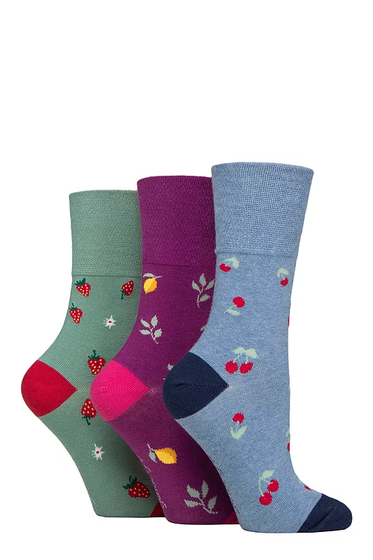Women's 3 Pair Gentle Grip Fun Feet Socks Fruits 4-8 Ladies