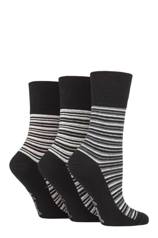 Women's 3 Pair Gentle Grip Cotton Patterned and Striped Socks Varied Stripe Black 4-8 Ladies