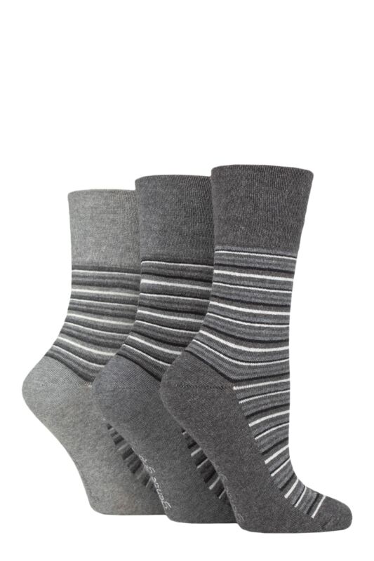 Women's 3 Pair Gentle Grip Cotton Patterned and Striped Socks Varied Stripe Charcoal / Grey 4-8 Ladies