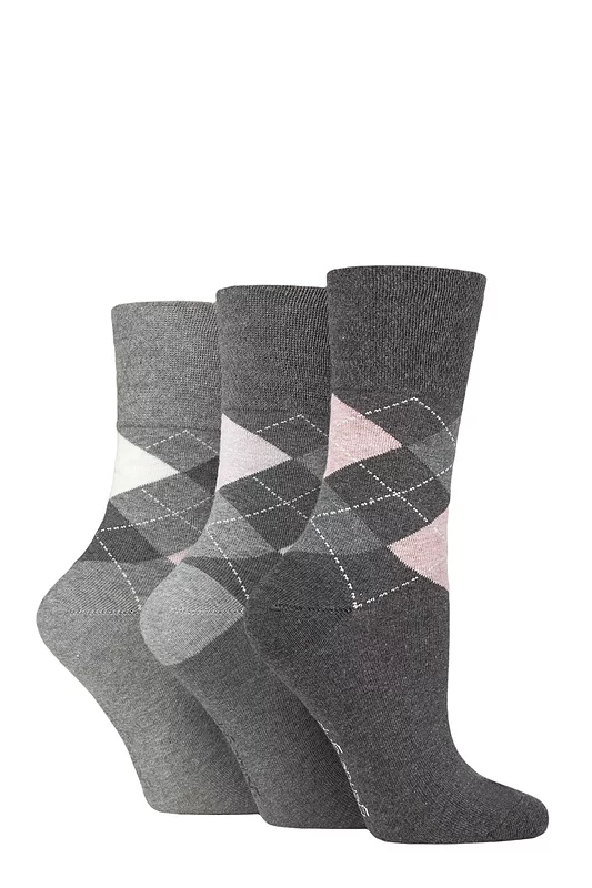 Women's 3 Pair Gentle Grip Argyle Patterned Cotton Socks