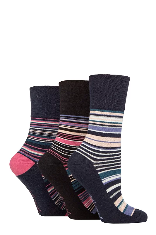 Women's 3 Pair Gentle Grip Cotton Patterned and Striped Socks Whimsy Stripes Navy Melange 4-8