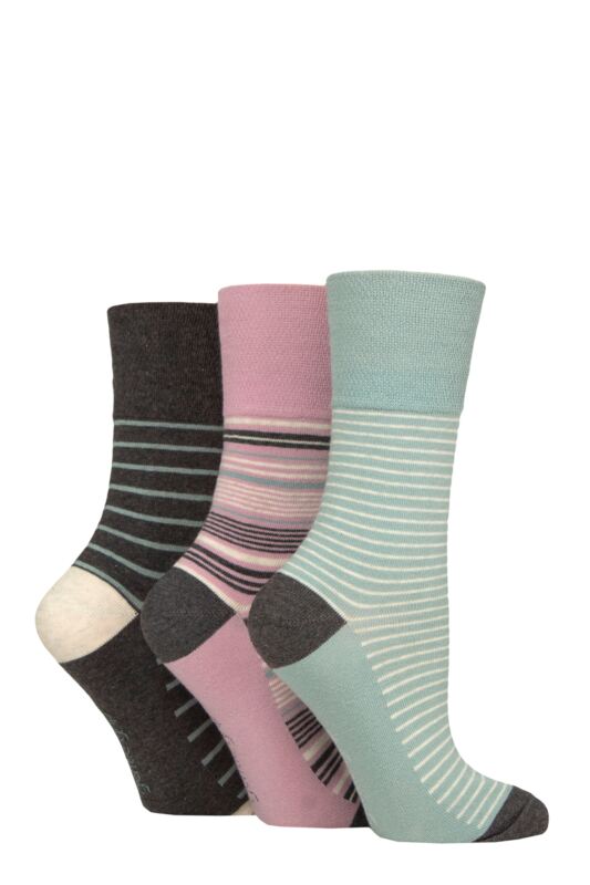 Women's 3 Pair Gentle Grip Cotton Patterned and Striped Socks Reverie Stripe Charcoal / Pink / Sage 4-8