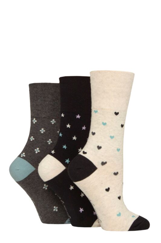 Women's 3 Pair Gentle Grip Cotton Patterned and Striped Socks Micro Pattern Black / Cream 4-8