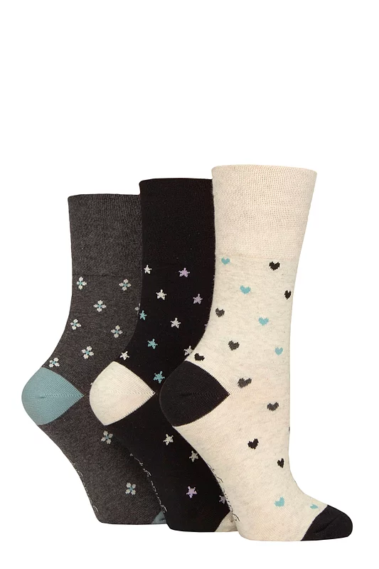 Women's 3 Pair Gentle Grip Cotton Patterned and Striped Socks Micro Pattern Black / Cream 4-8