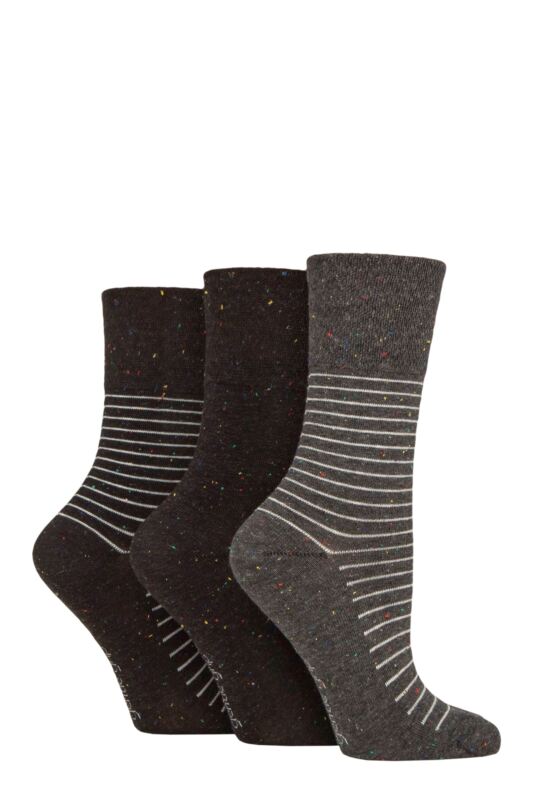 Women's 3 Pair Gentle Grip Cotton Patterned and Striped Socks Nepped Charcoal 4-8