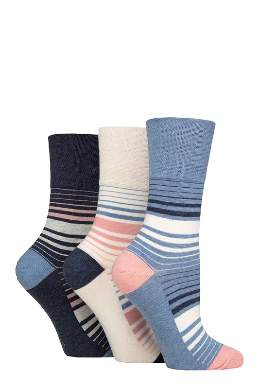 Women's 3 Pair Gentle Grip Cotton Patterned and Striped Socks Gradient Stripe Navy / Denim 4-8