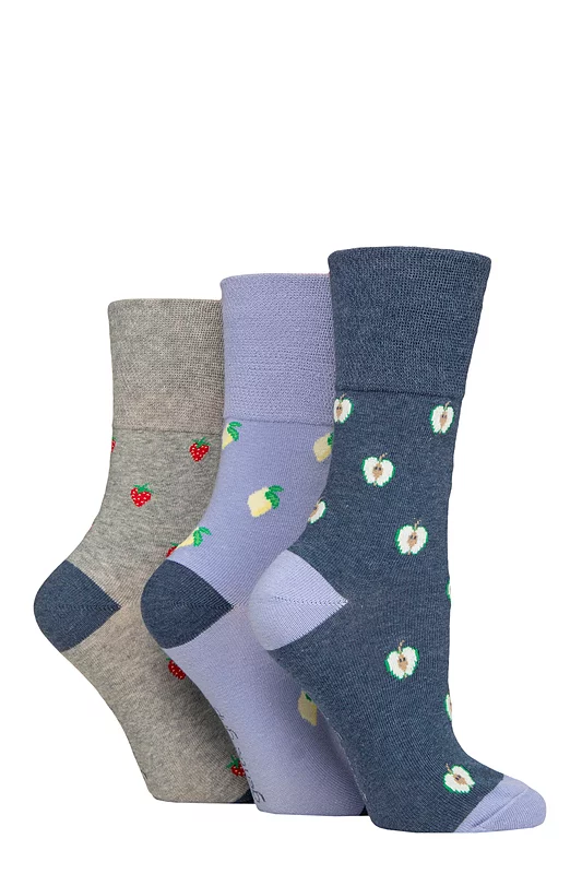 Women's 3 Pair Gentle Grip Cotton Patterned and Striped Socks Fruit Light Grey / Lilac 4-8