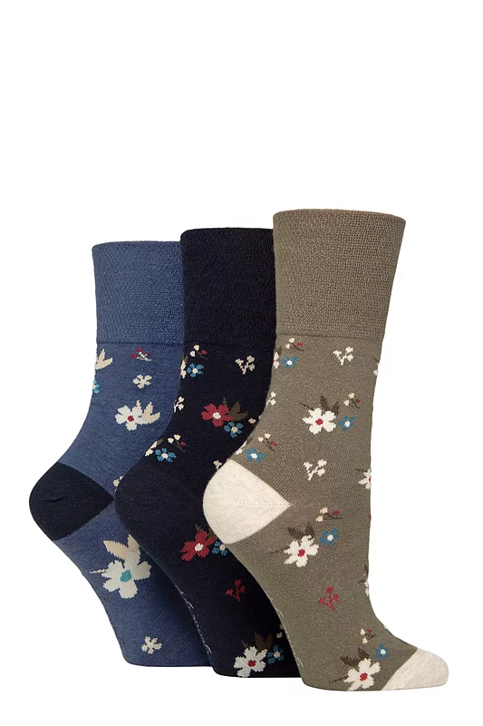 Women's 3 Pair Gentle Grip Cotton Patterned and Striped Socks Heirloom Sage / Navy 4-8
