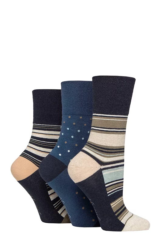 Women's 3 Pair Gentle Grip Cotton Patterned and Striped Socks Office Party Navy / Petrol 4-8