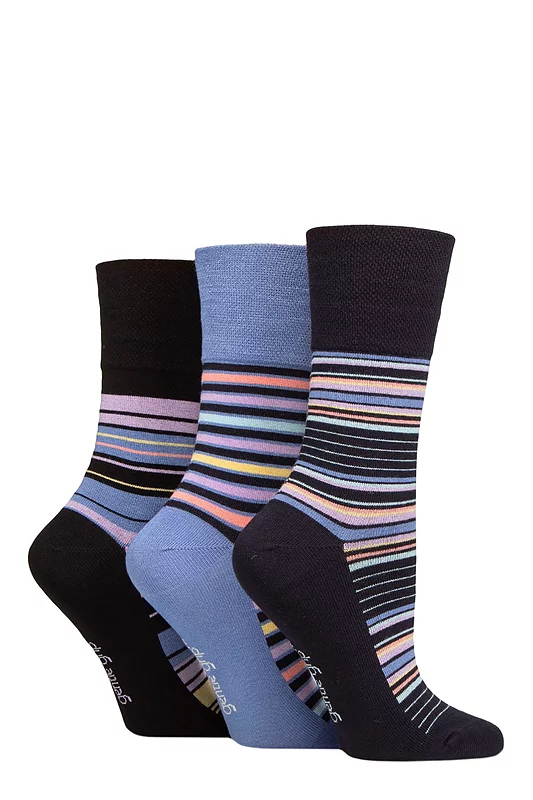 Women's 3 Pair Gentle Grip Patterned Bamboo Socks Stripey Array 4-8