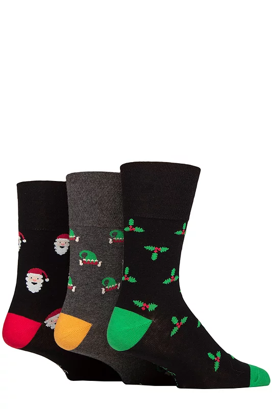 Mens 3 Pair SOCKSHOP Gentle Grip Cotton Christmas Socks Black / Charcoal 6-11