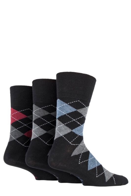 Mens 3 Pair Gentle Grip Cotton Argyle Patterned and Striped Socks