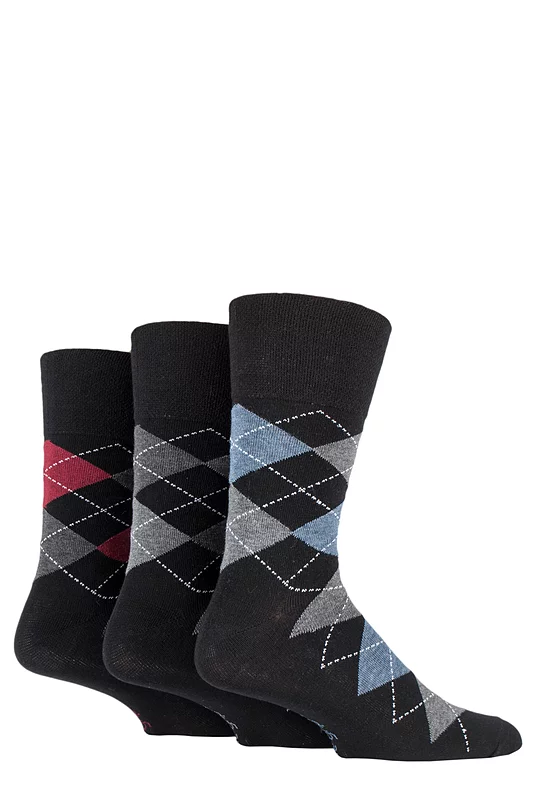 Mens 3 Pair Gentle Grip Cotton Argyle Patterned and Striped Socks Argyle Black 12-14
