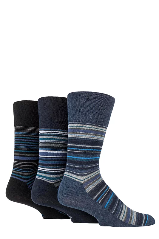 Mens 3 Pair Gentle Grip Cotton Argyle Patterned and Striped Socks Stripe Navy 12-14