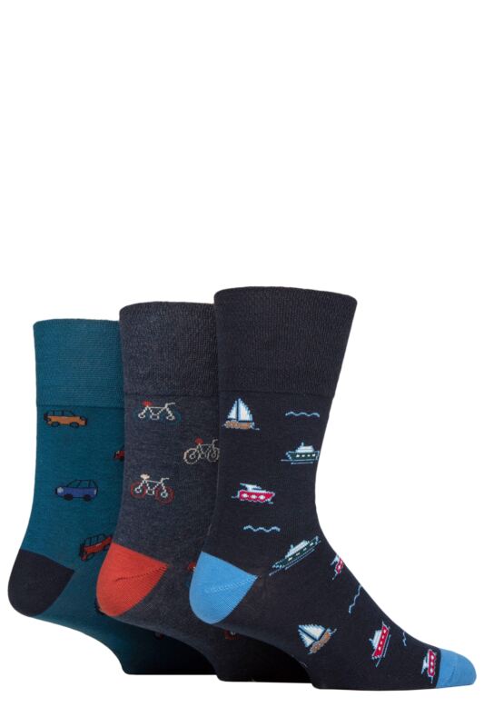 Mens 3 Pair Gentle Grip Fun Feet Socks Vehicle 6-11 Mens