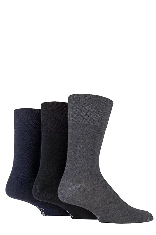 Mens 3 Pair Gentle Grip Plain Cotton Socks Black / Navy / Grey 12-14