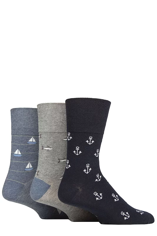 Mens 3 Pair SOCKSHOP Gentle Grip Cotton Holiday Socks Anchor / Boat / Shark 6-11
