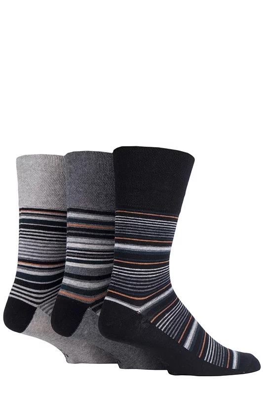 Mens 3 Pair Gentle Grip Cotton Argyle Patterned and Striped Socks Deco Noir Black / Charcoal / Grey 12-14