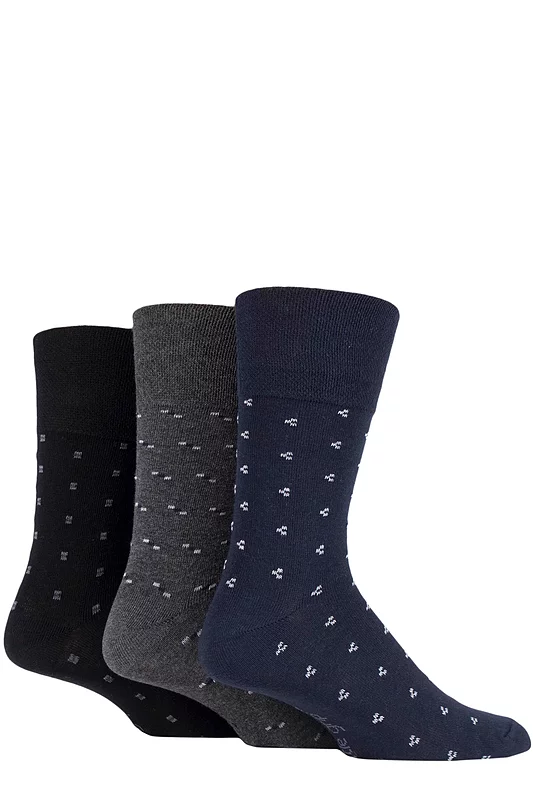 Mens 3 Pair Gentle Grip Cotton Argyle Patterned and Striped Socks Micro Squares Black / Navy / Charcoal 6-11 Mens