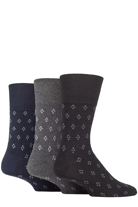 Mens 3 Pair Gentle Grip Cotton Argyle Patterned and Striped Socks