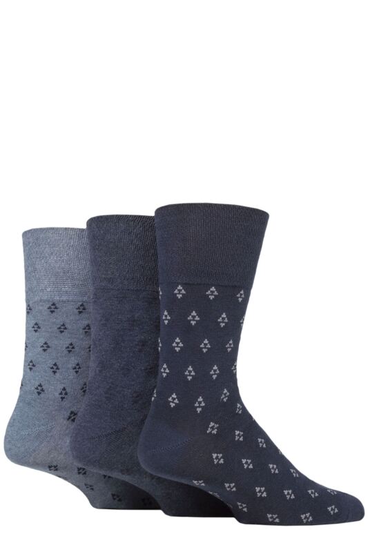 Mens 3 Pair Gentle Grip Cotton Argyle Patterned and Striped Socks Triangle Repeat Navy / Denim 6-11 Mens