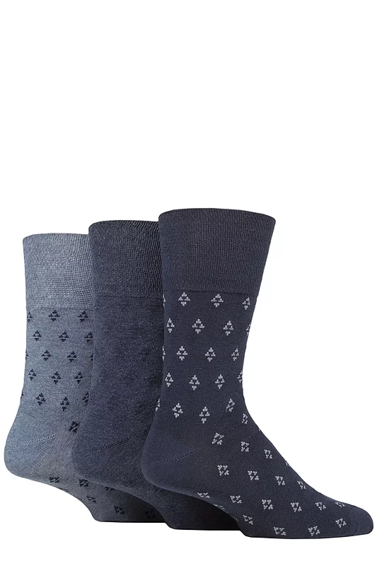 Mens 3 Pair Gentle Grip Cotton Argyle Patterned and Striped Socks