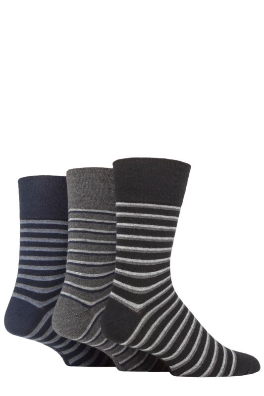 Mens 3 Pair Gentle Grip Cotton Argyle Patterned and Striped Socks Varied Stripe Black / Navy / Charcoal 6-11 Mens