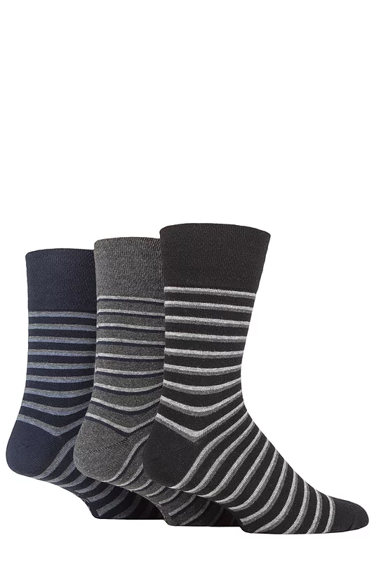 Mens 3 Pair Gentle Grip Cotton Argyle Patterned and Striped Socks Varied Stripe Black / Navy / Charcoal 6-11 Mens