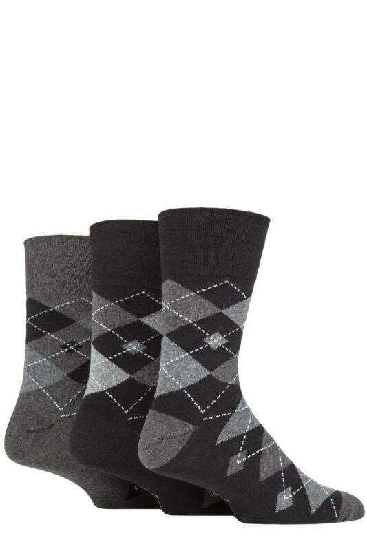 Mens 3 Pair Gentle Grip Argyle Cotton Socks