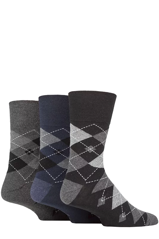 Mens 3 Pair Gentle Grip Argyle Cotton Socks Argyle Black / Navy / Charcoal 6-11