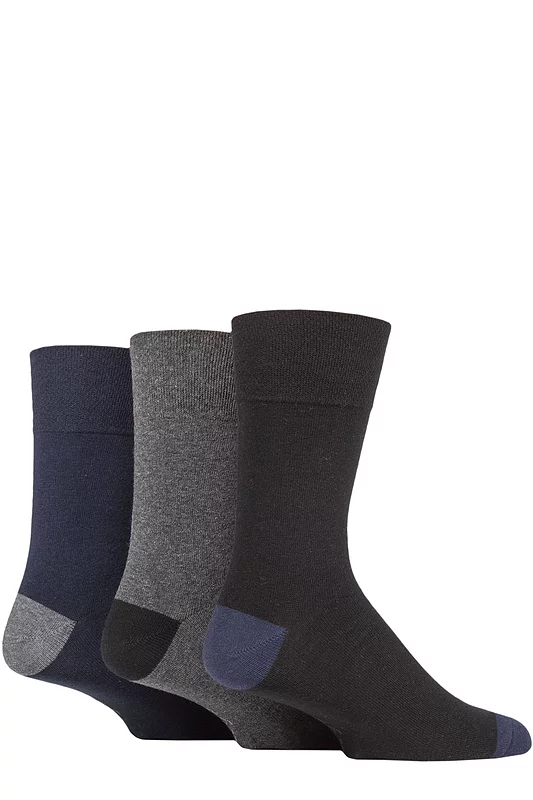 Mens 3 Pair Gentle Grip Cotton Argyle Patterned and Striped Socks Contrast Heel and Toe Black / Navy / Charcoal 6-11