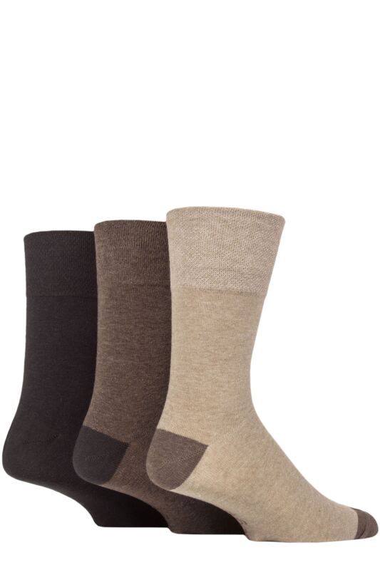 Mens 3 Pair Gentle Grip Cotton Argyle Patterned and Striped Socks Contrast Heel and Toe Brown / Natural 6-11