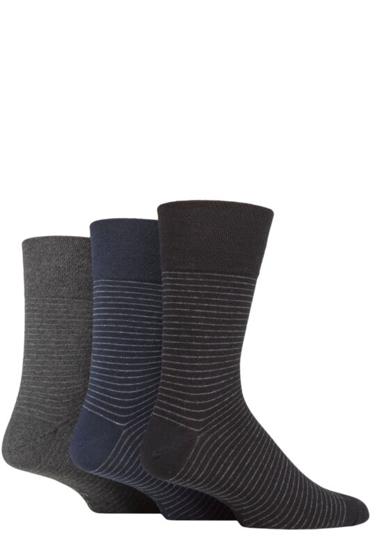 Mens 3 Pair Gentle Grip Cotton Argyle Patterned and Striped Socks Stripe Black / Navy / Charcoal 6-11