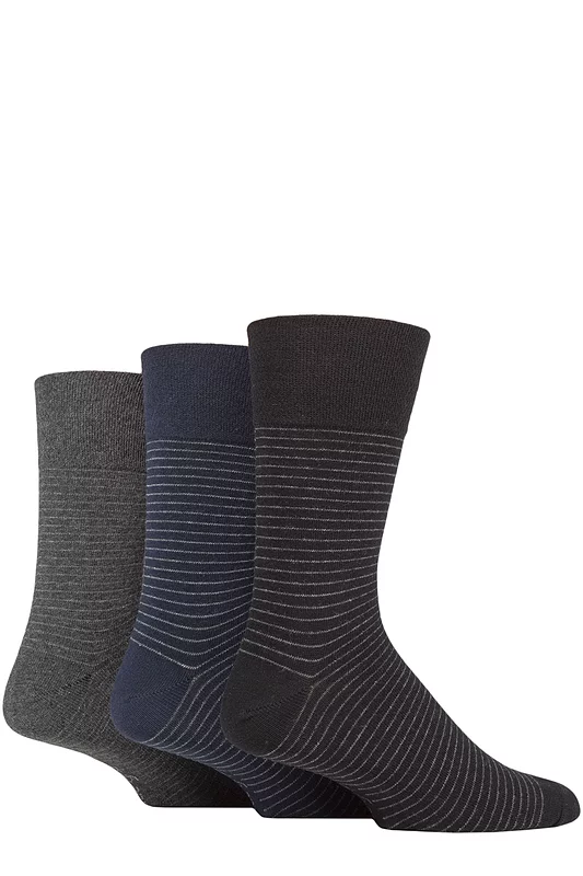 Mens 3 Pair Gentle Grip Cotton Argyle Patterned and Striped Socks Stripe Black / Navy / Charcoal 6-11