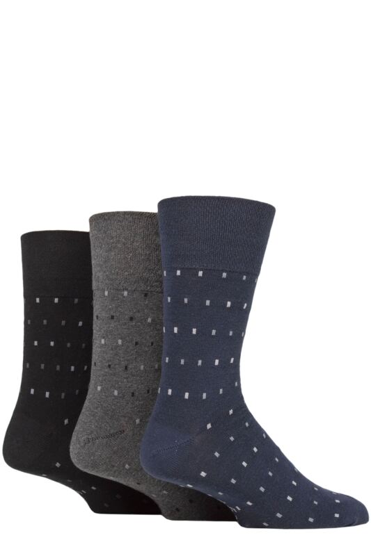 Mens 3 Pair Gentle Grip Cotton Argyle Patterned and Striped Socks Micro Rectangle Black / Navy / Charcoal 6-11