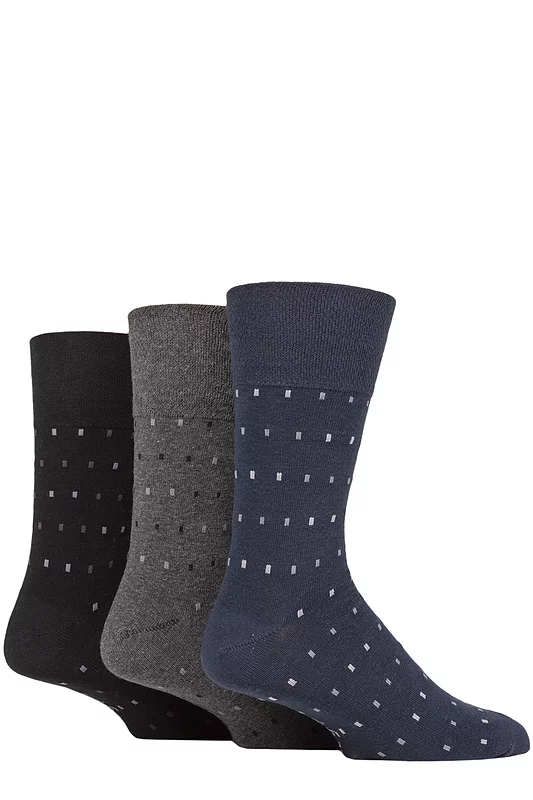 Mens 3 Pair Gentle Grip Cotton Argyle Patterned and Striped Socks