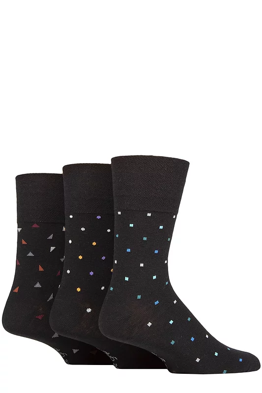 Mens 3 Pair Gentle Grip Cotton Argyle Patterned and Striped Socks