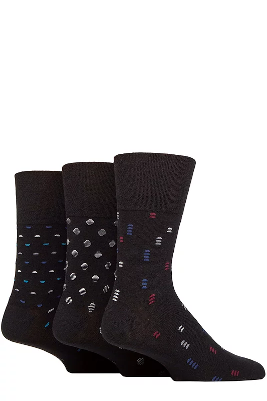 Mens 3 Pair Gentle Grip Cotton Argyle Patterned and Striped Socks