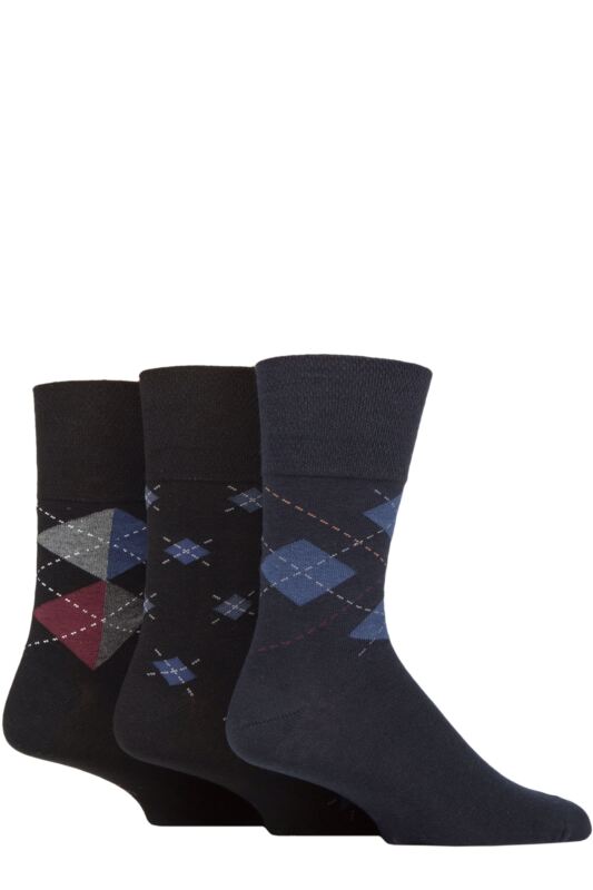 Mens 3 Pair Gentle Grip Cotton Argyle Patterned and Striped Socks