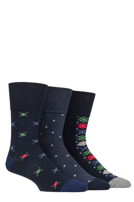 Mens 3 Pair Gentle Grip Cotton Argyle Patterned and Striped Socks Motif Mid Denim 6-11