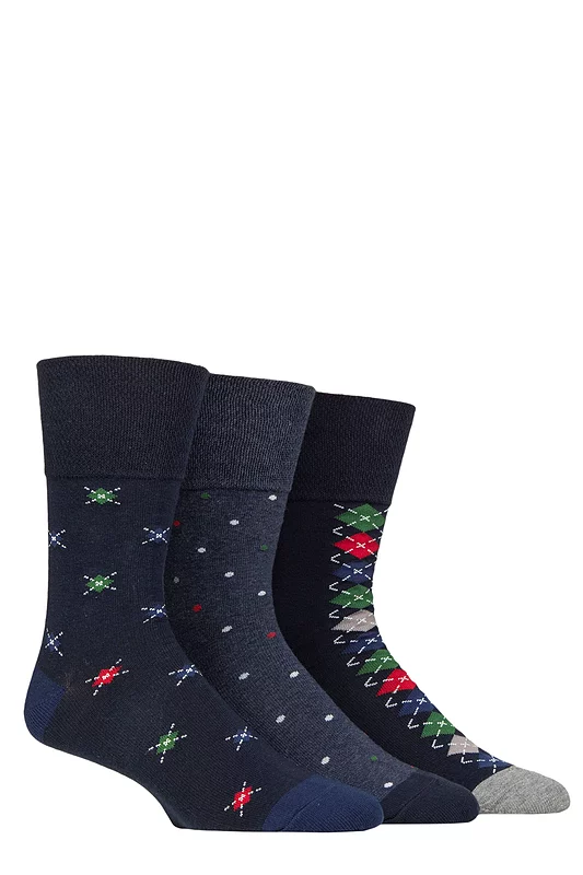 Mens 3 Pair Gentle Grip Cotton Argyle Patterned and Striped Socks