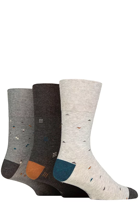 Mens 3 Pair Gentle Grip Cotton Argyle Patterned and Striped Socks