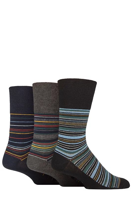 Mens 3 Pair Gentle Grip Cotton Argyle Patterned and Striped Socks Milano Stripe Black / Navy 6-11