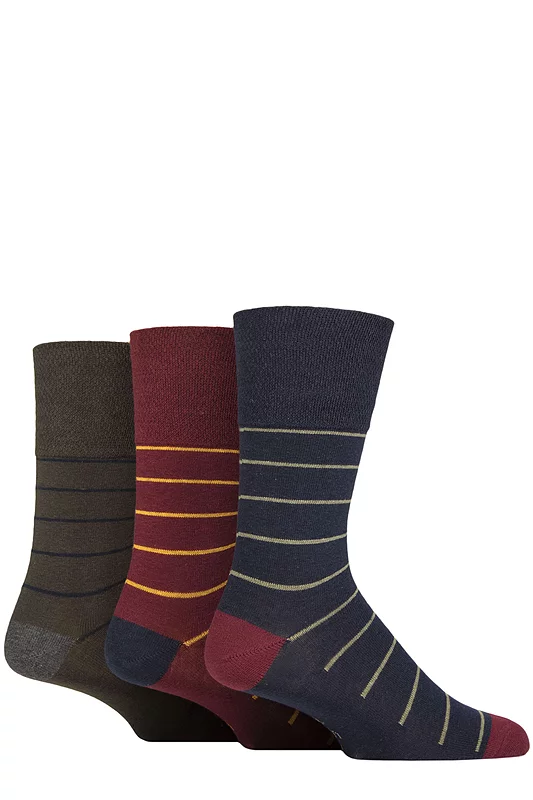 Mens 3 Pair Gentle Grip Cotton Argyle Patterned and Striped Socks Simplicity Stripe Burgundy / Navy  6-11