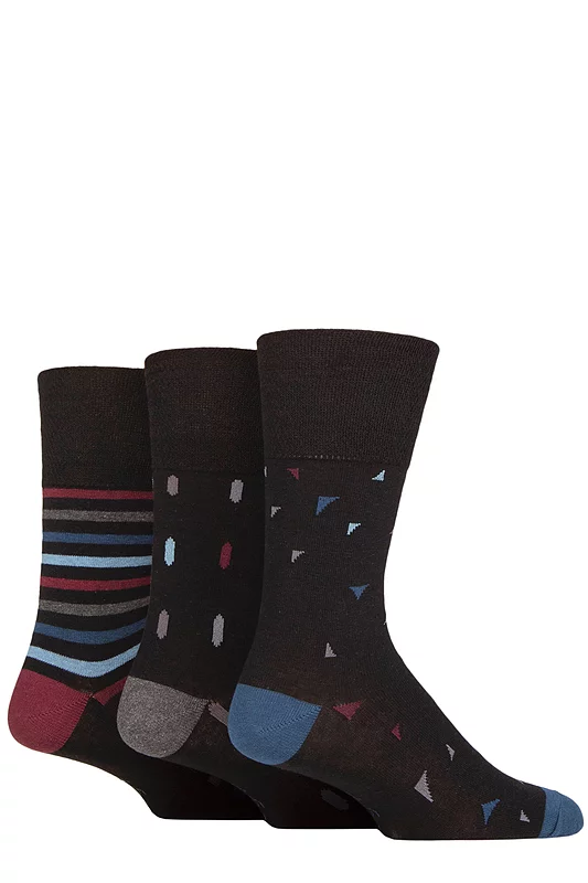 Mens 3 Pair Gentle Grip Cotton Argyle Patterned and Striped Socks New World Geo 6-11