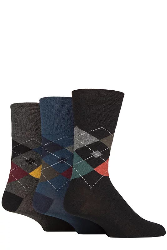 Mens 3 Pair Gentle Grip Cotton Argyle Patterned and Striped Socks Rustic Argyle 6-11
