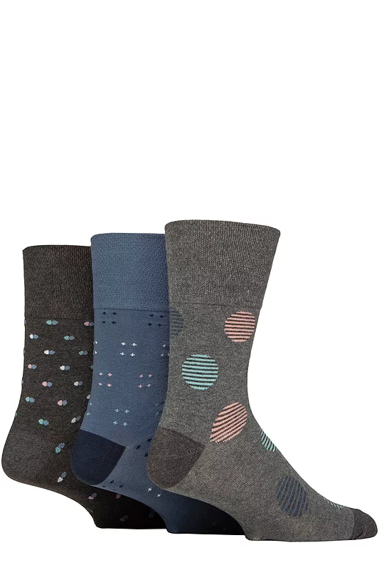 Mens 3 Pair Gentle Grip Cotton Argyle Patterned and Striped Socks Cosmic Neutral Grey / Charcoal / Blue 6-11