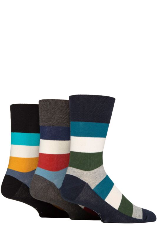 Mens 3 Pair Gentle Grip Cotton Argyle Patterned and Striped Socks