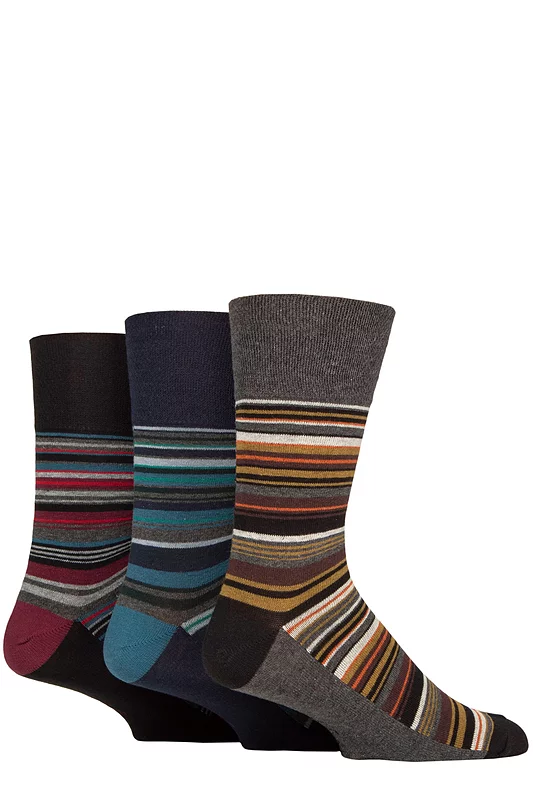 Mens 3 Pair Gentle Grip Cotton Argyle Patterned and Striped Socks Dimension Stripe Black / Navy 6-11